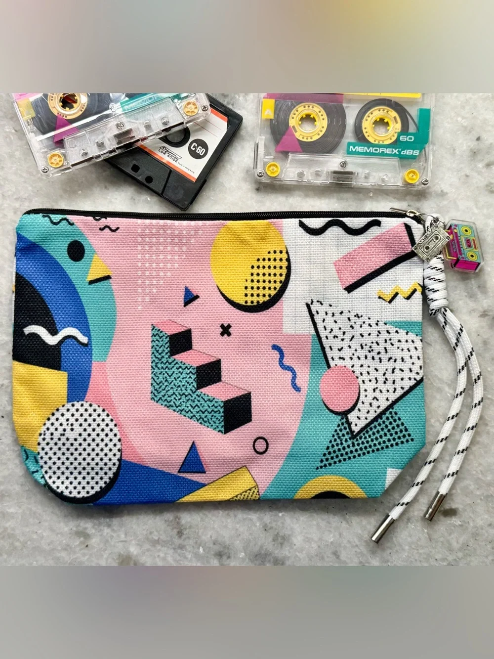 New Geometric Retro 80s Style Zippered Makeup Bag w/ Cassette & Boombox Charms